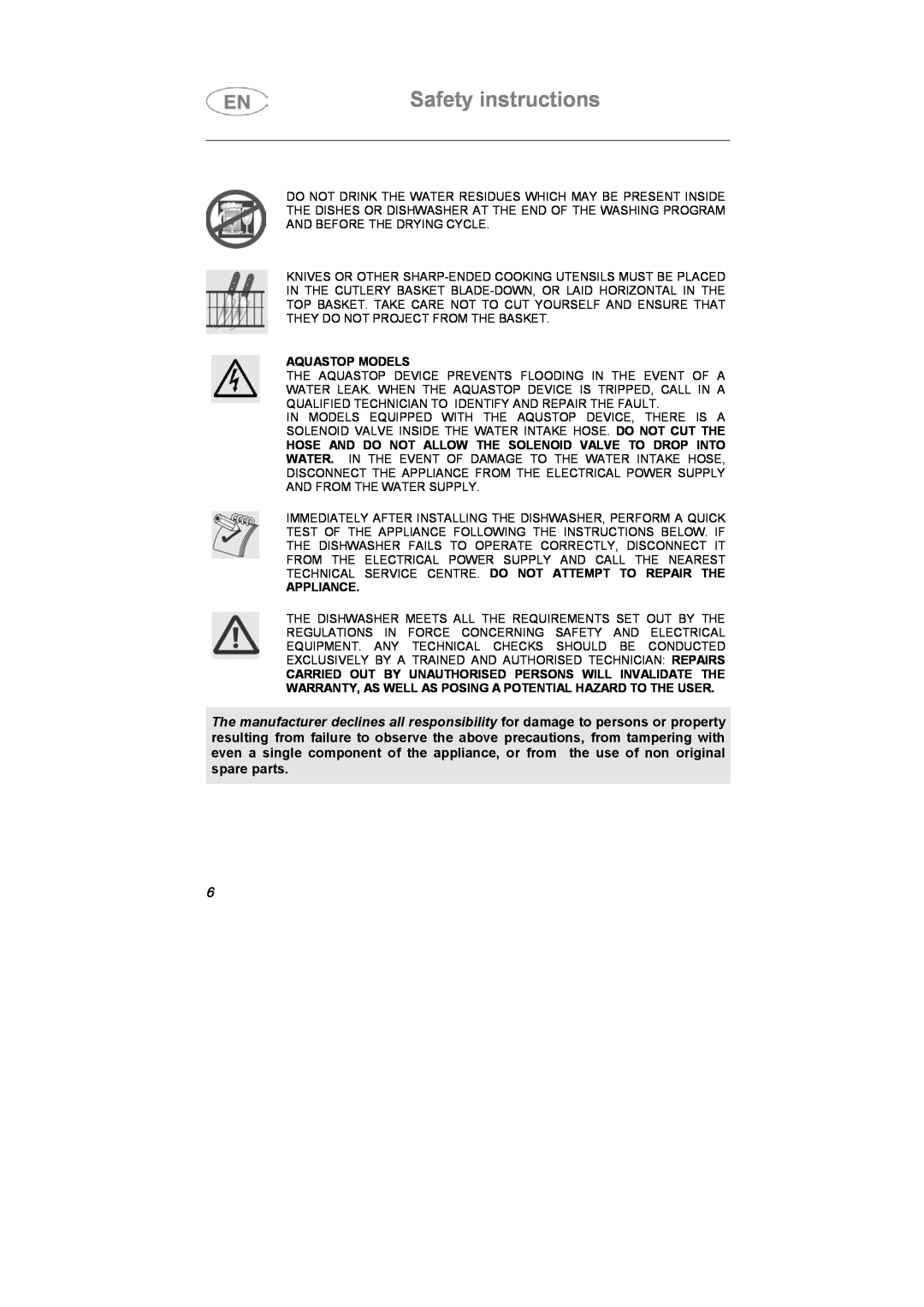 Smeg SA683X-1, SA683X-2 instruction manual Safety instructions, Aquastop Models, Appliance 