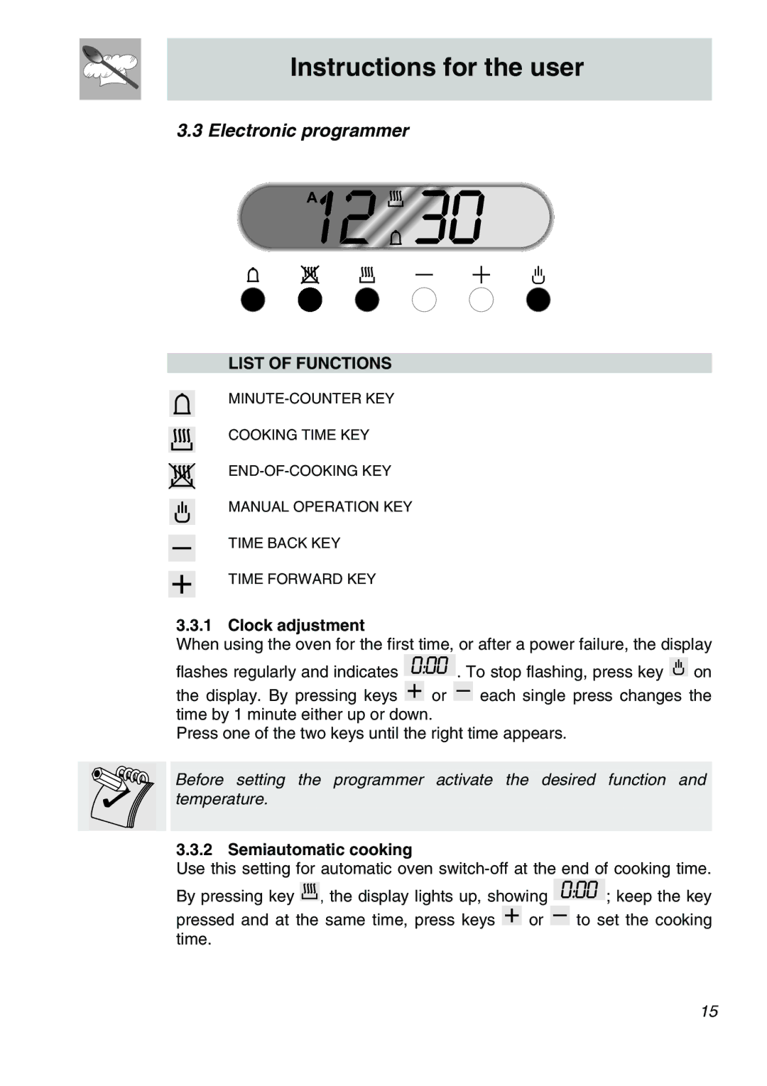 Smeg SA705X-7, SA707X-7 manual Electronic programmer, Clock adjustment, Semiautomatic cooking 