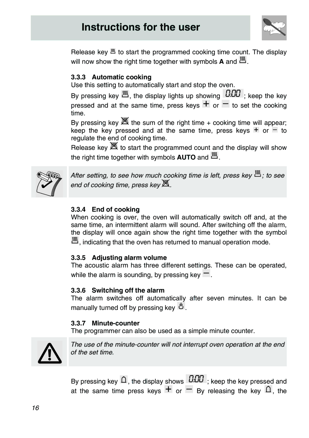 Smeg SA707X-7, SA705X-7 Automatic cooking, End of cooking, Adjusting alarm volume, Switching off the alarm, Minute-counter 