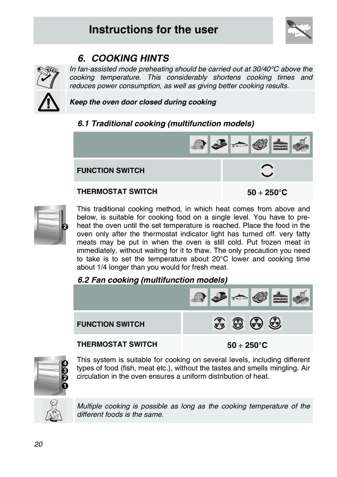 Smeg SA707X-7, SA705X-7 manual Cooking Hints, Traditional cooking multifunction models, Fan cooking multifunction models 