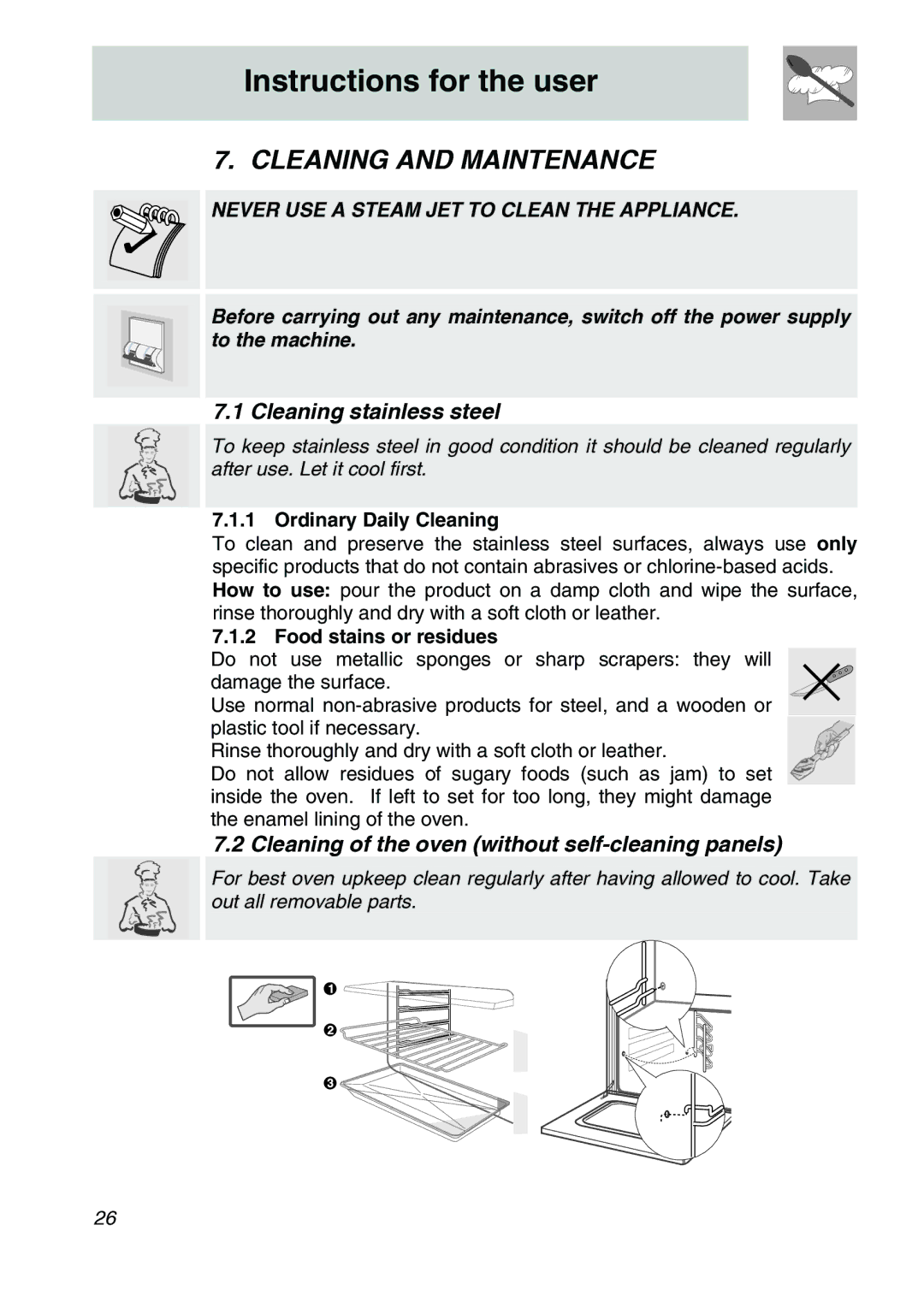 Smeg SA707X-7 manual Cleaning and Maintenance, Cleaning stainless steel, Cleaning of the oven without self-cleaning panels 