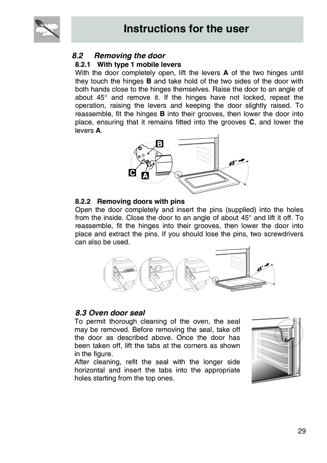 Smeg SA705X-7, SA707X-7 manual Removing the door, Oven door seal, With type 1 mobile levers, Removing doors with pins 