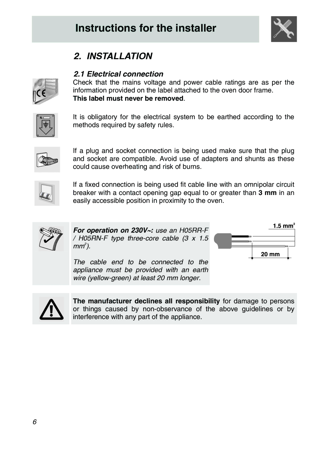 Smeg SA707X-7, SA705X-7 manual Installation, Electrical connection, This label must never be removed 