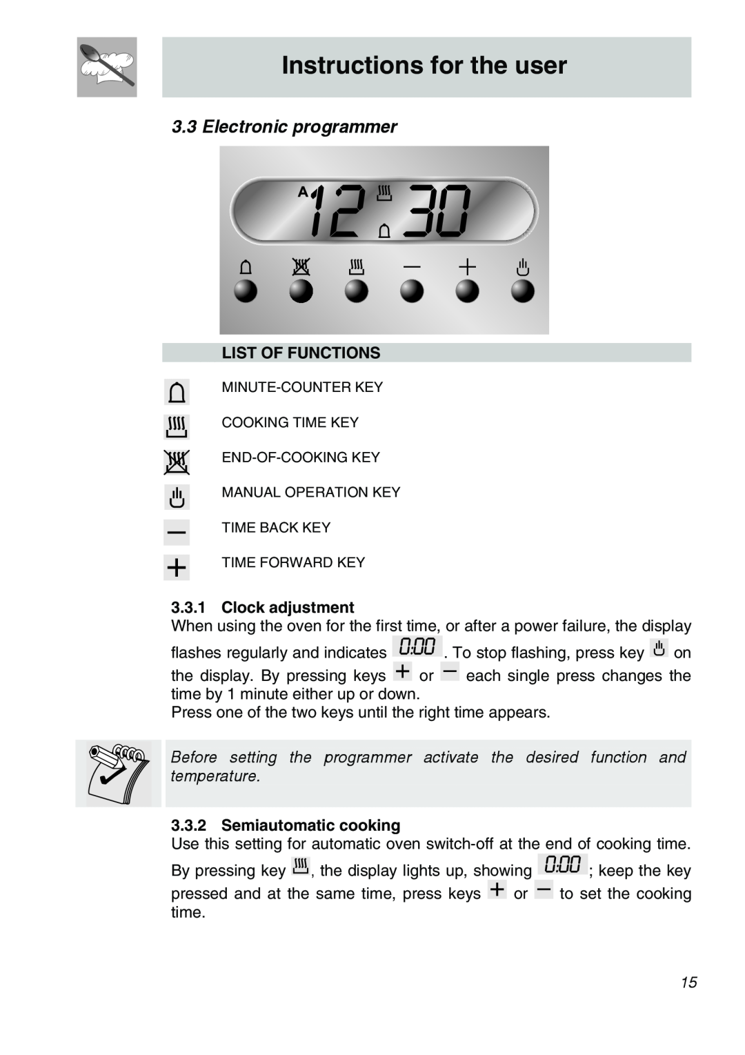Smeg SA705X-7 Electronic programmer, Instructions for the user, List Of Functions, Clock adjustment, Semiautomatic cooking 