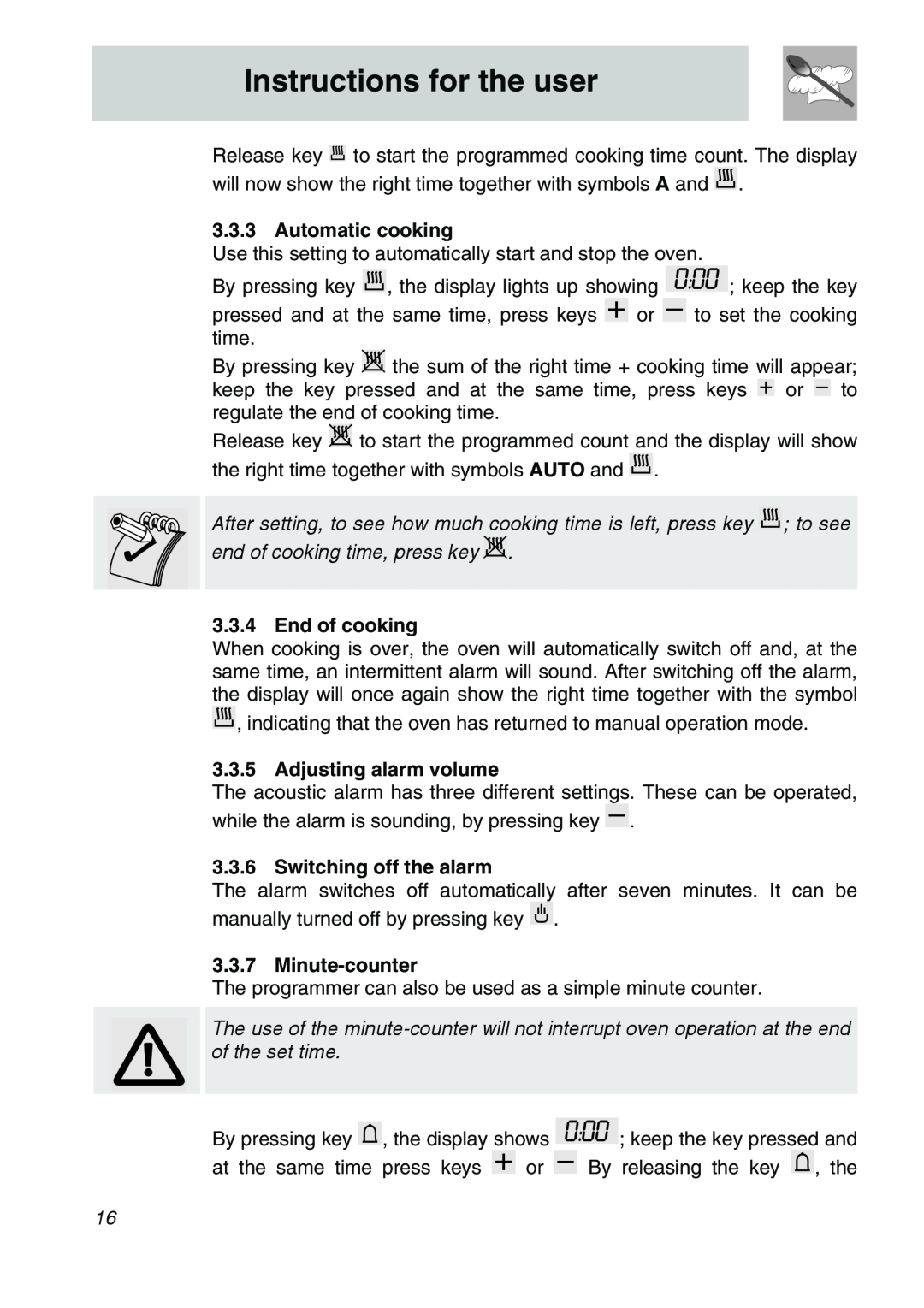 Smeg SA707X-7 manual Instructions for the user, Automatic cooking, End of cooking, Adjusting alarm volume, Minute-counter 