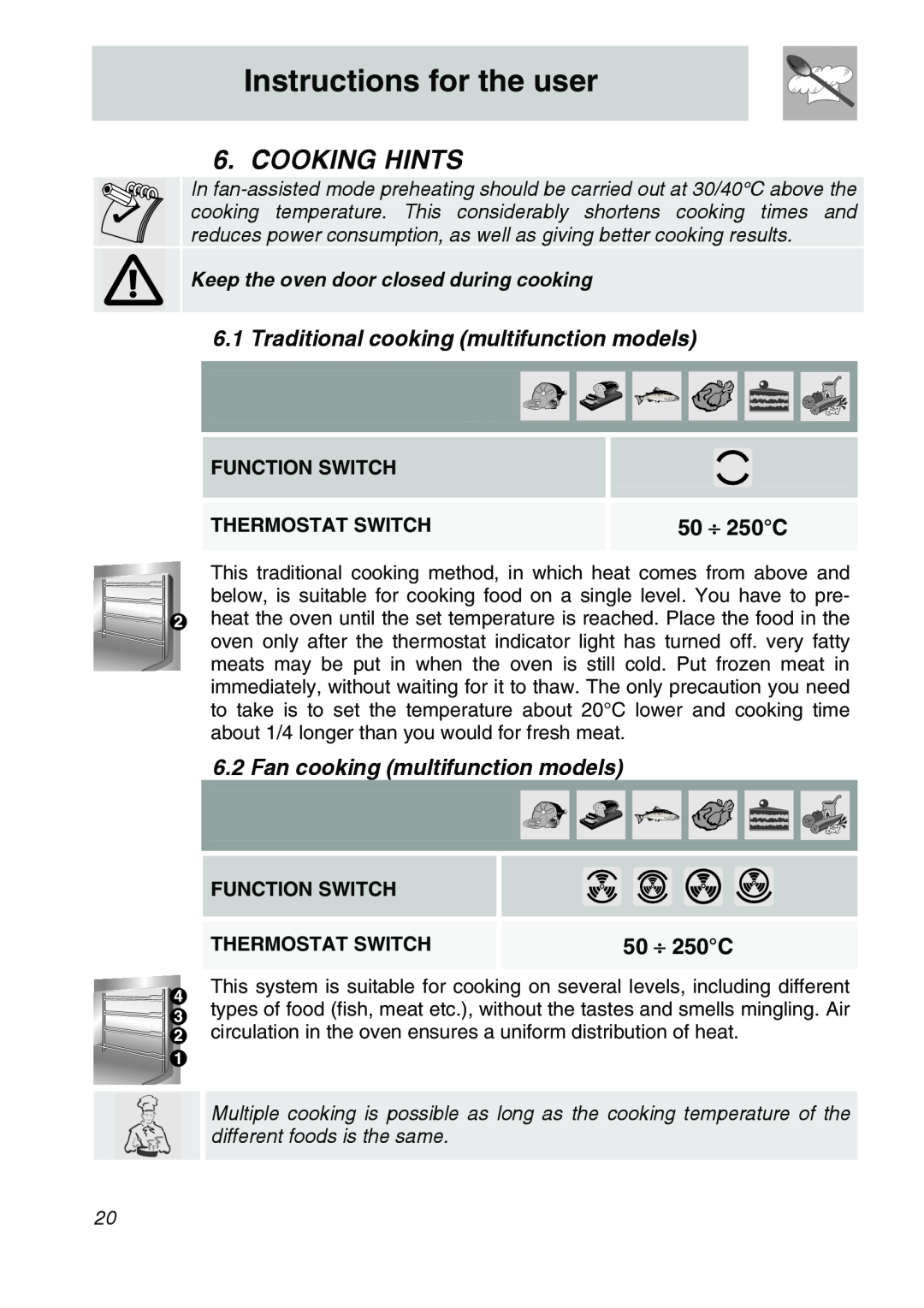 Smeg SA707X-7 manual Cooking Hints, Traditional cooking multifunction models, 50 ⎟ 250C, Fan cooking multifunction models 