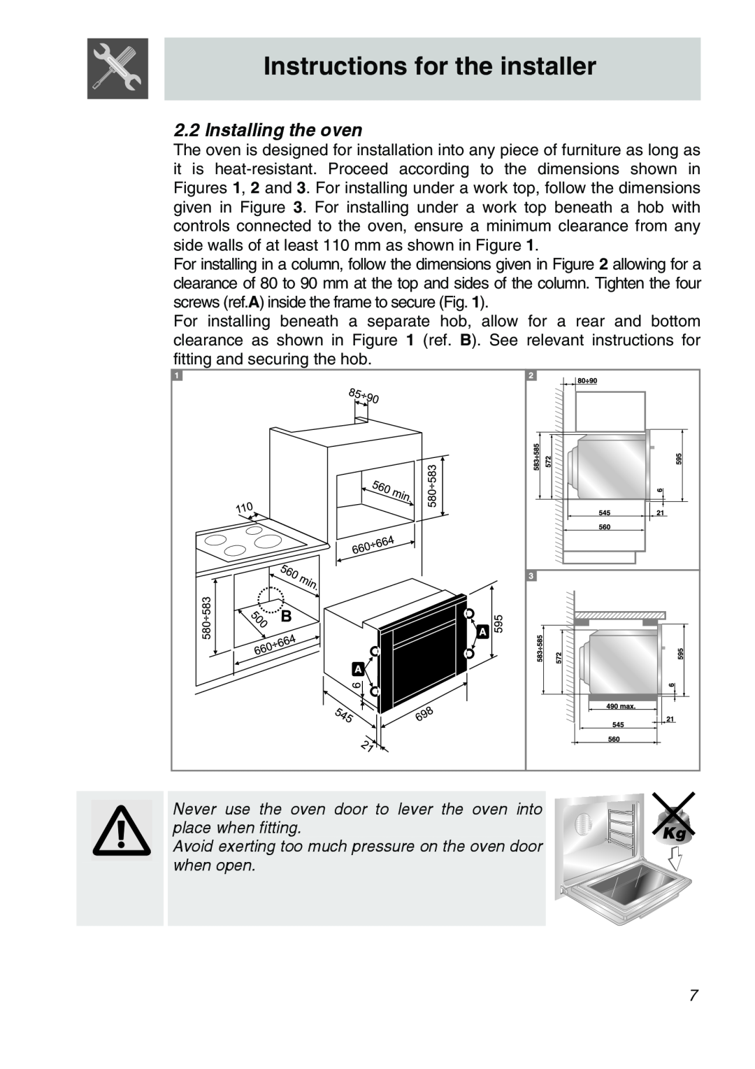 Smeg SA705X-7, SA707X-7 manual Installing the oven, Instructions for the installer 