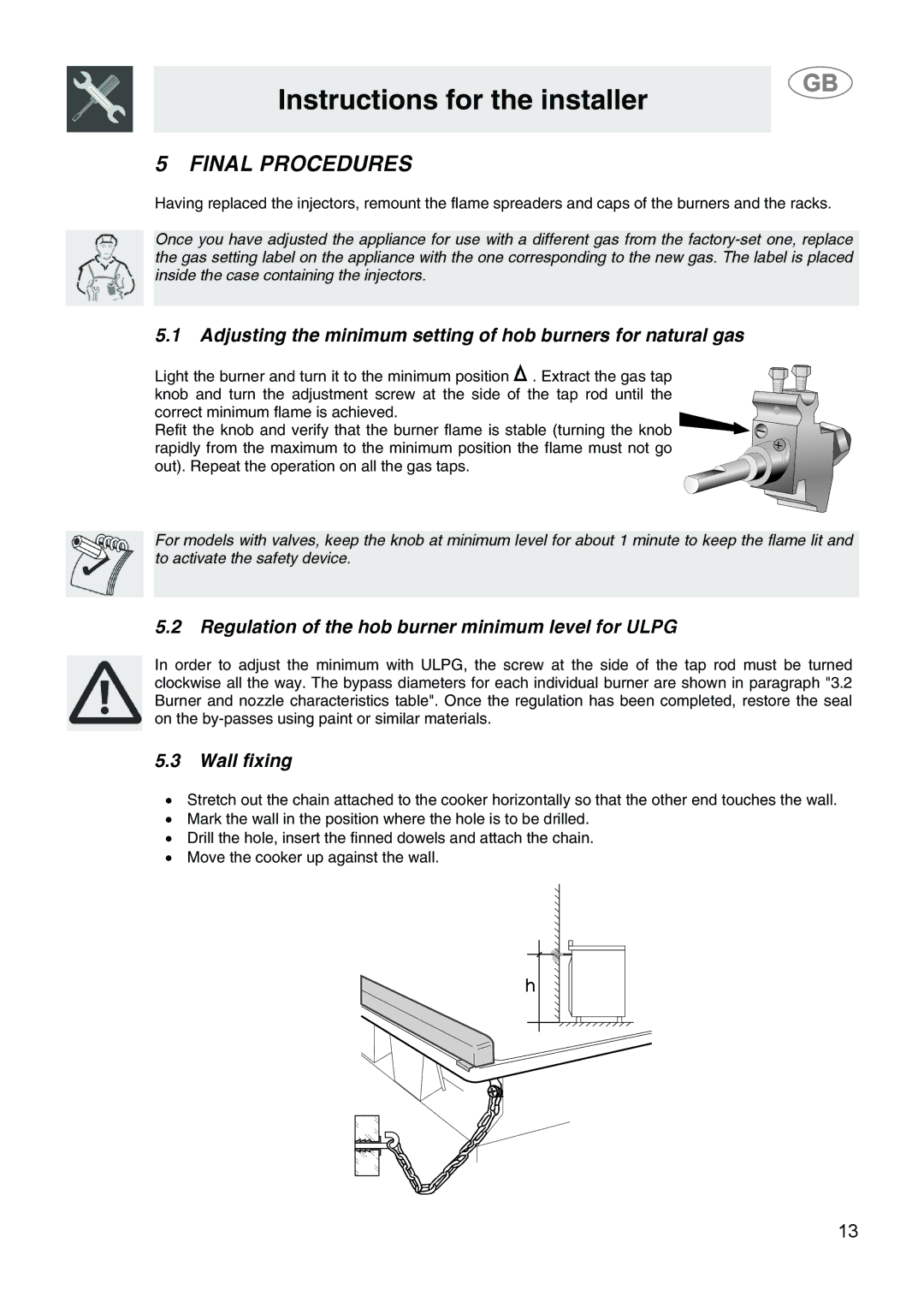 Smeg SA9058X manual Final Procedures, Regulation of the hob burner minimum level for Ulpg, Wall fixing 