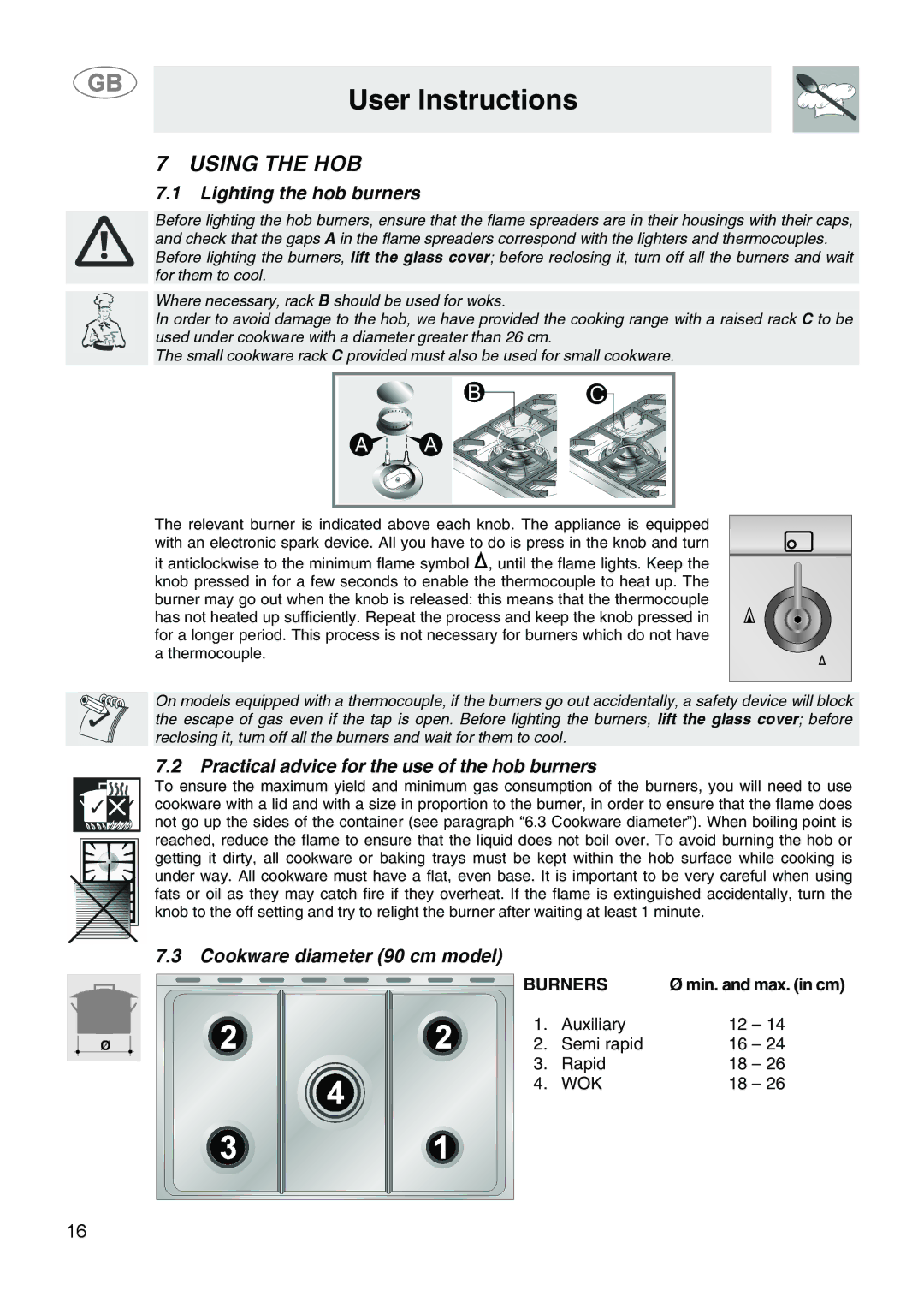 Smeg SA9058X manual Using the HOB, Lighting the hob burners, Practical advice for the use of the hob burners 