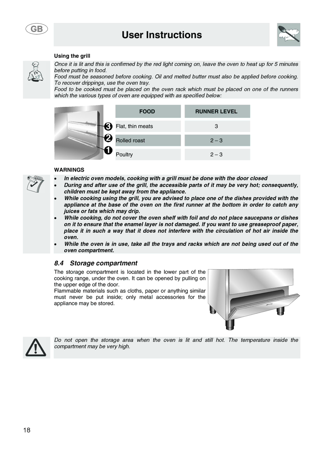 Smeg SA9058X manual Storage compartment, Using the grill, Food Runner Level 