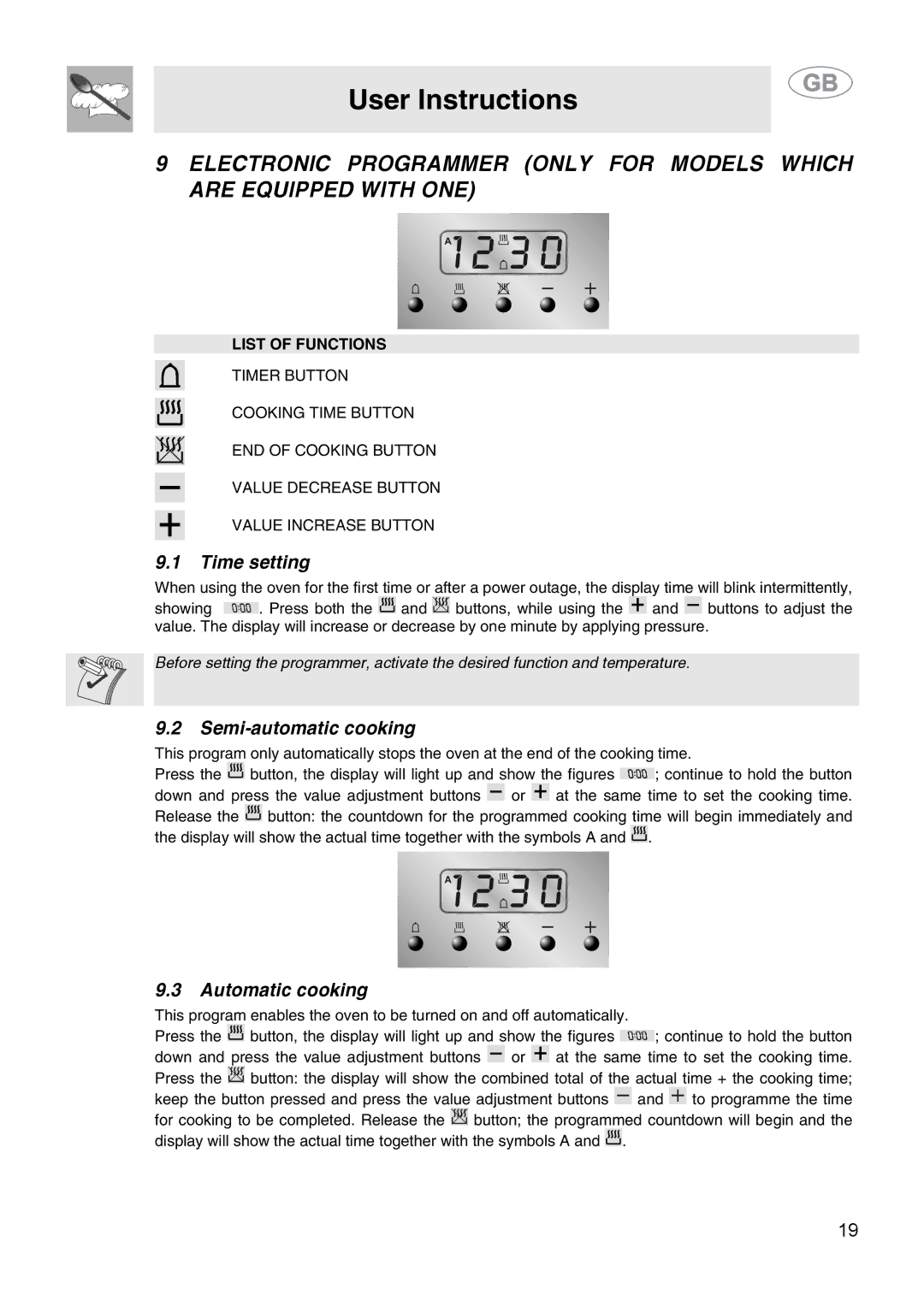 Smeg SA9058X manual Time setting, Semi-automatic cooking, Automatic cooking, List of Functions 