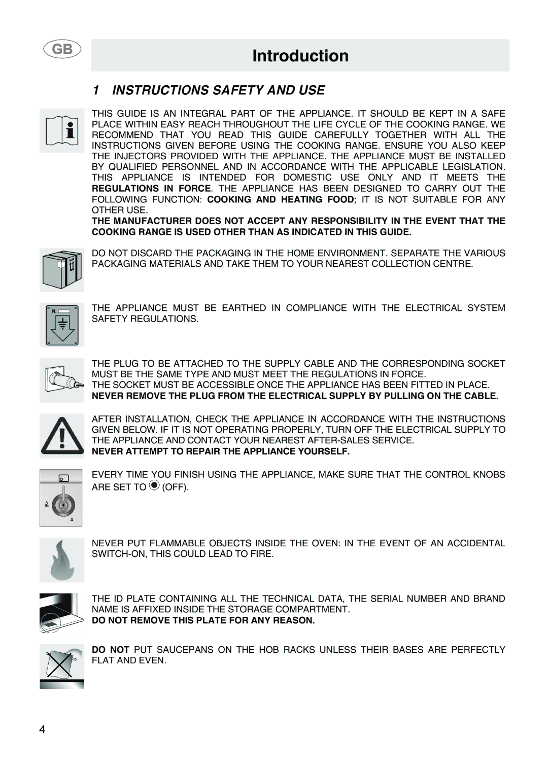 Smeg SA9058X manual Introduction, Instructions Safety and USE, Never Attempt to Repair the Appliance Yourself 