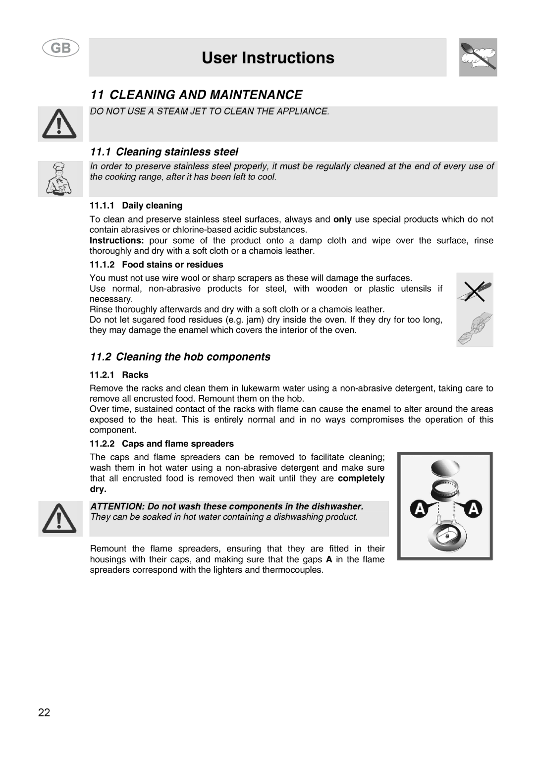 Smeg SA9058X manual Cleaning and Maintenance, Cleaning stainless steel, Cleaning the hob components 