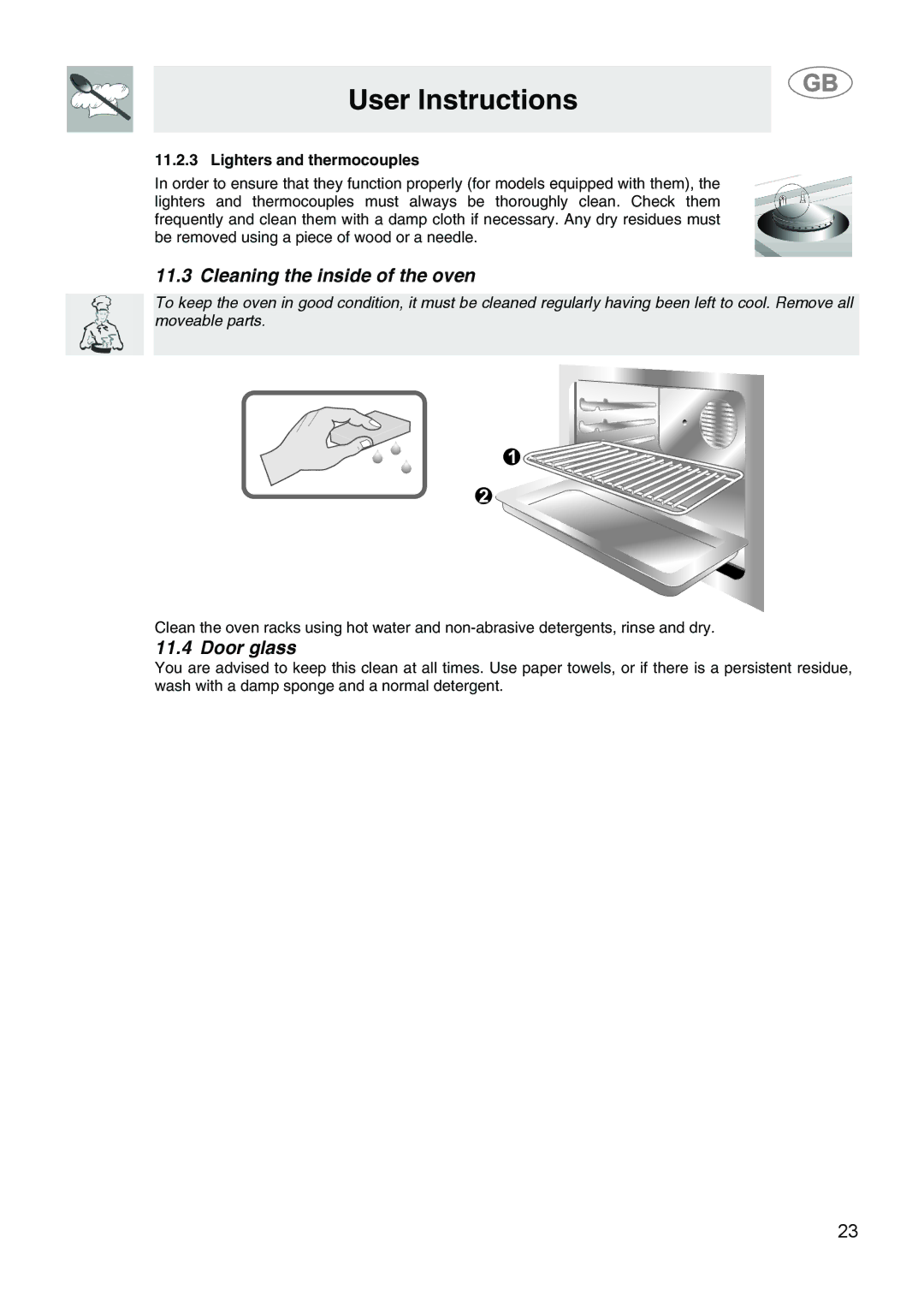 Smeg SA9058X manual Cleaning the inside of the oven, Door glass, Lighters and thermocouples 