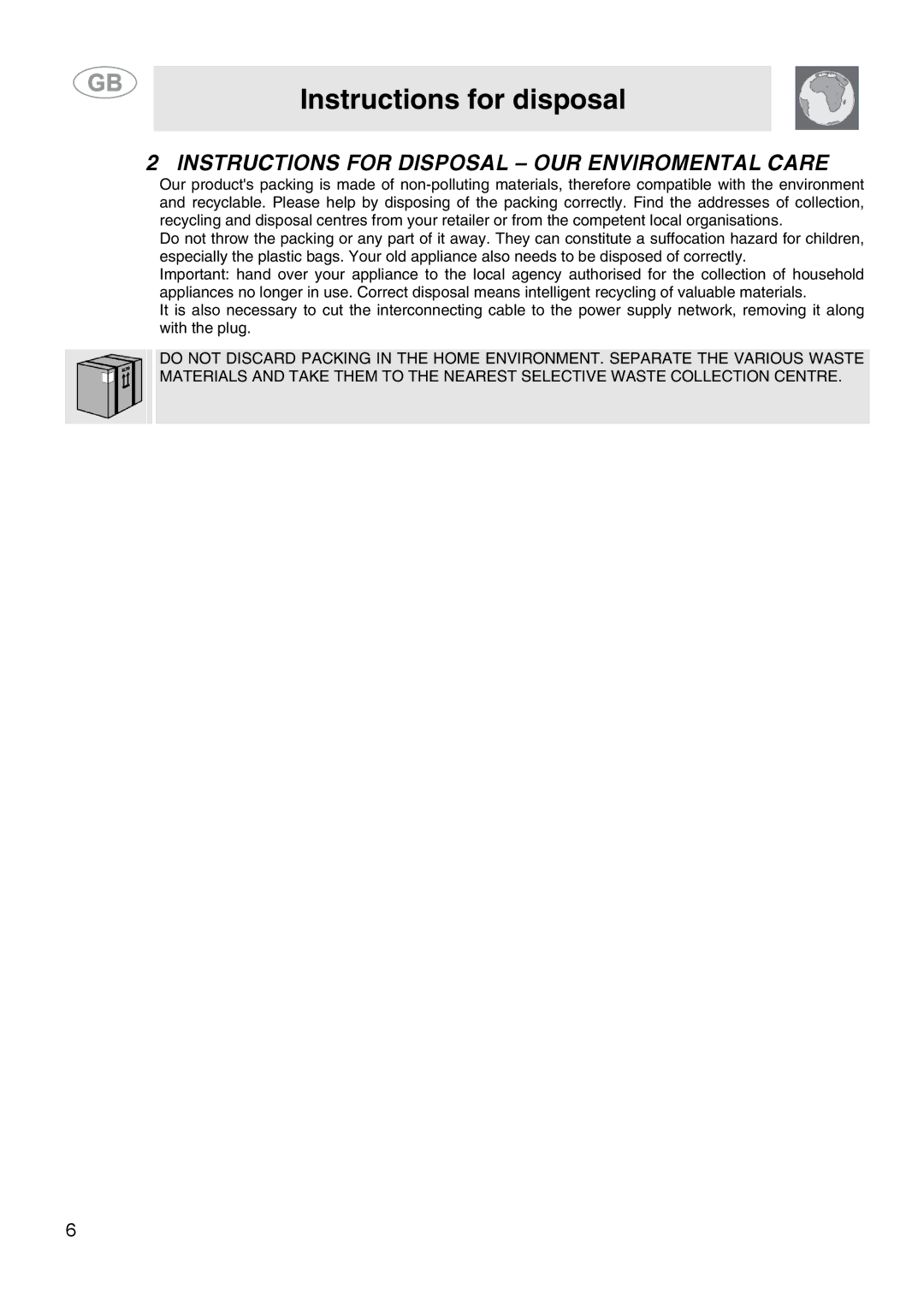 Smeg SA9058X manual Instructions for disposal, Instructions for Disposal OUR Enviromental Care 