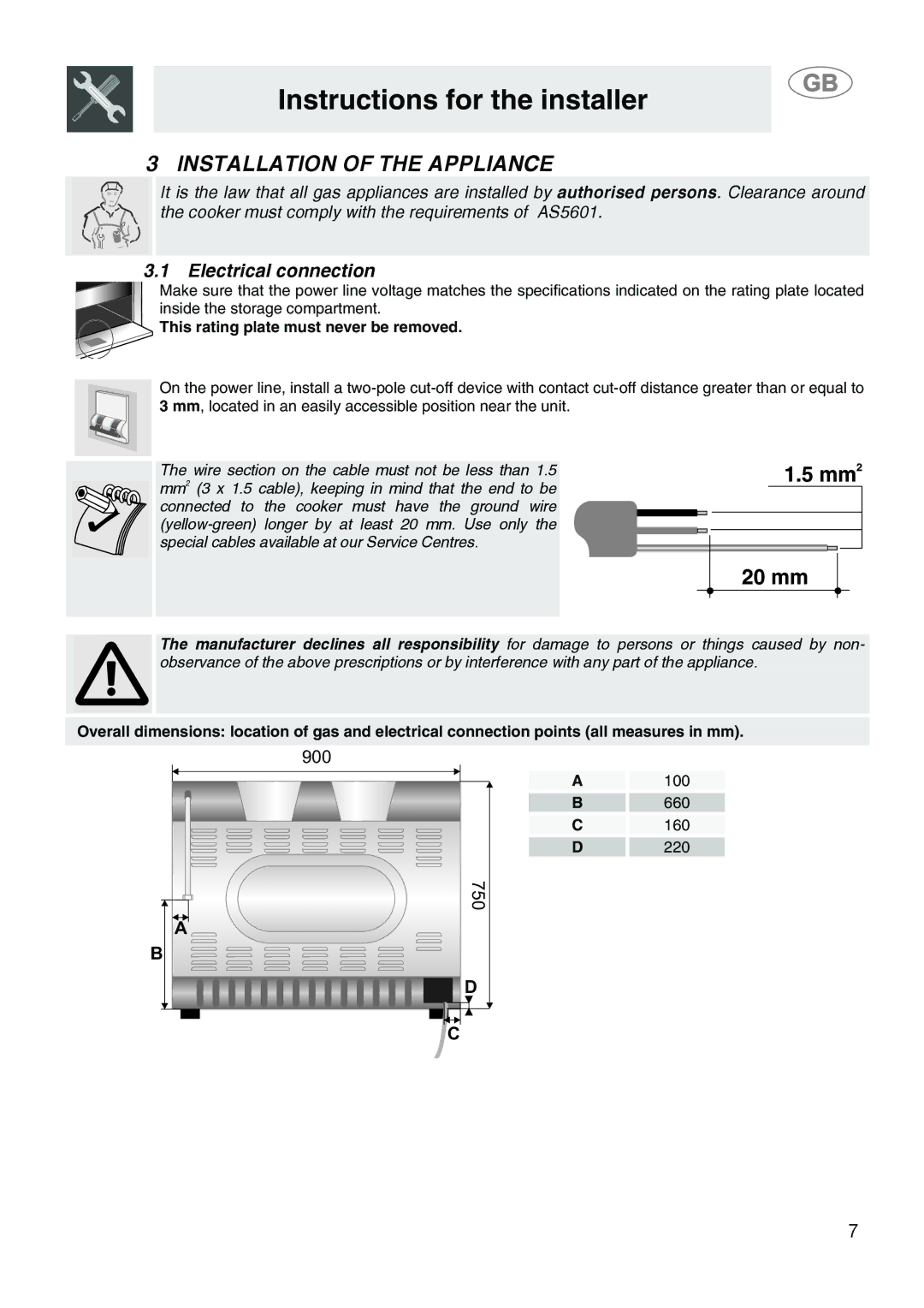 Smeg SA9058X manual Instructions for the installer, Installation of the Appliance, Electrical connection 