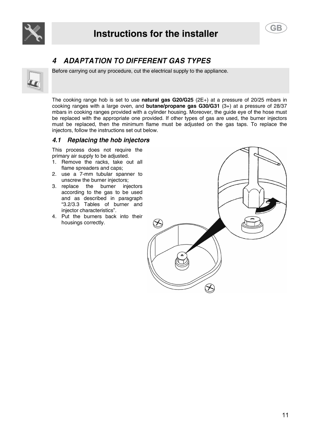 Smeg SA9058X manual Adaptation to Different GAS Types, Replacing the hob injectors 