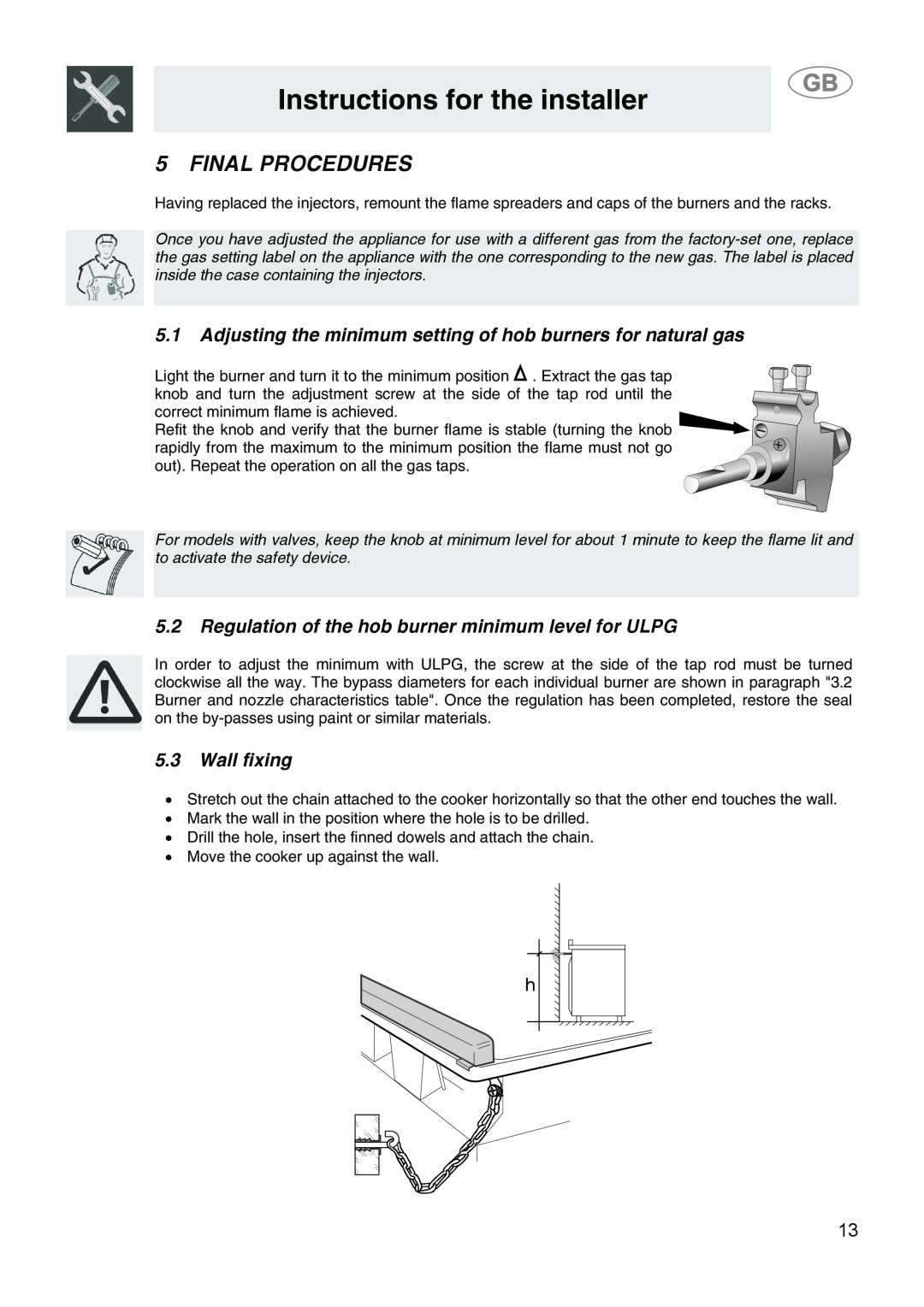 Smeg SA9058X manual Final Procedures, Adjusting the minimum setting of hob burners for natural gas, Wall fixing 