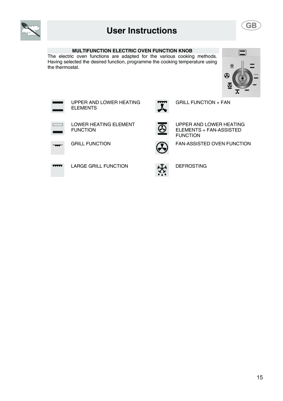 Smeg SA9058X manual User Instructions, Multifunction Electric Oven Function Knob 
