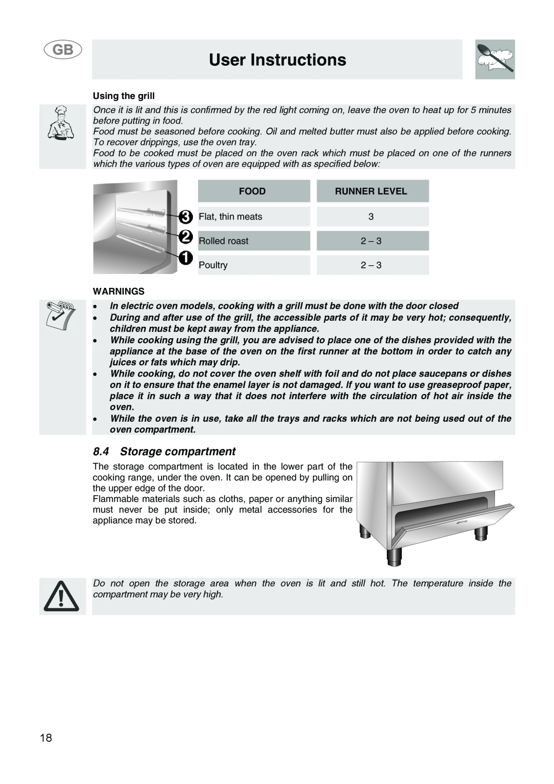 Smeg SA9058X manual Storage compartment, User Instructions, Using the grill, Food, Runner Level, Warnings 