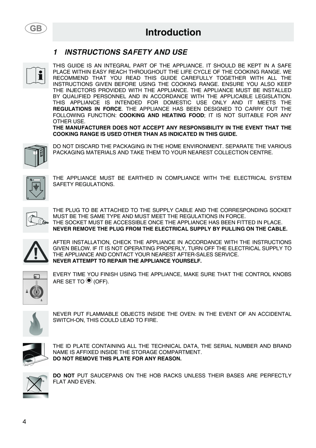 Smeg SA9058X manual Introduction, Instructions Safety And Use 