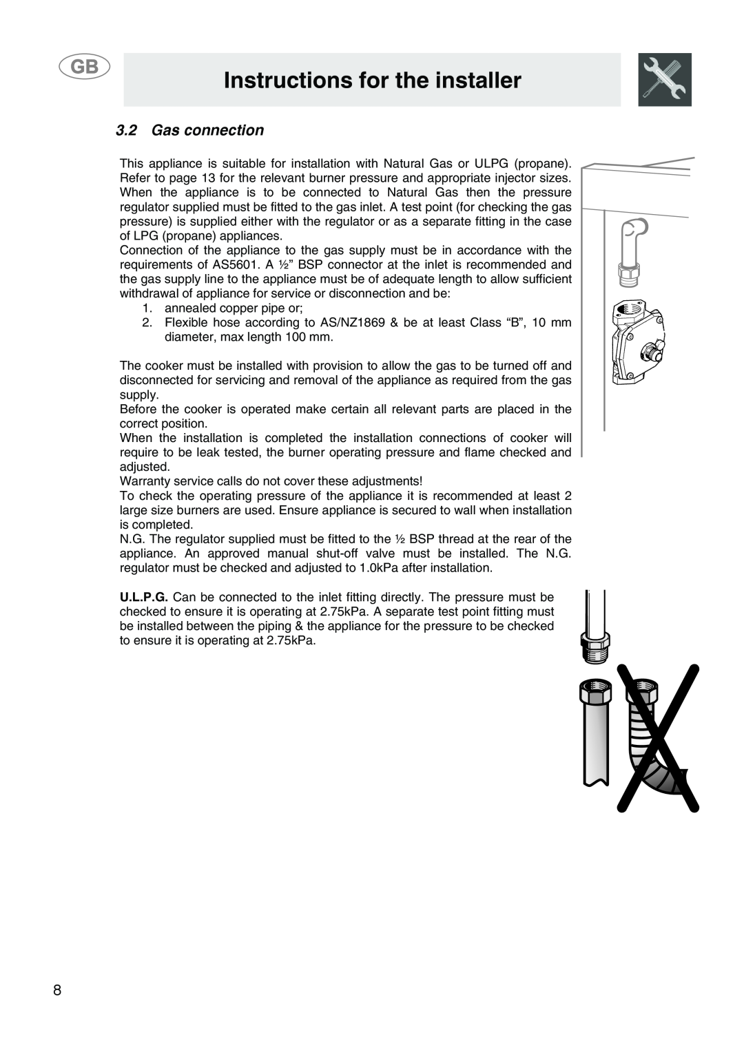 Smeg SA9058X manual Gas connection, Instructions for the installer 