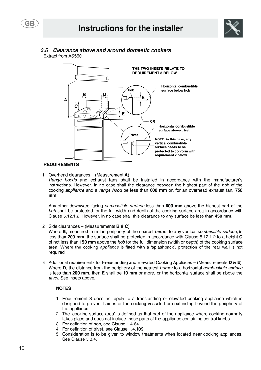 Smeg SA9058X manual Clearance above and around domestic cookers, Instructions for the installer, Requirements 