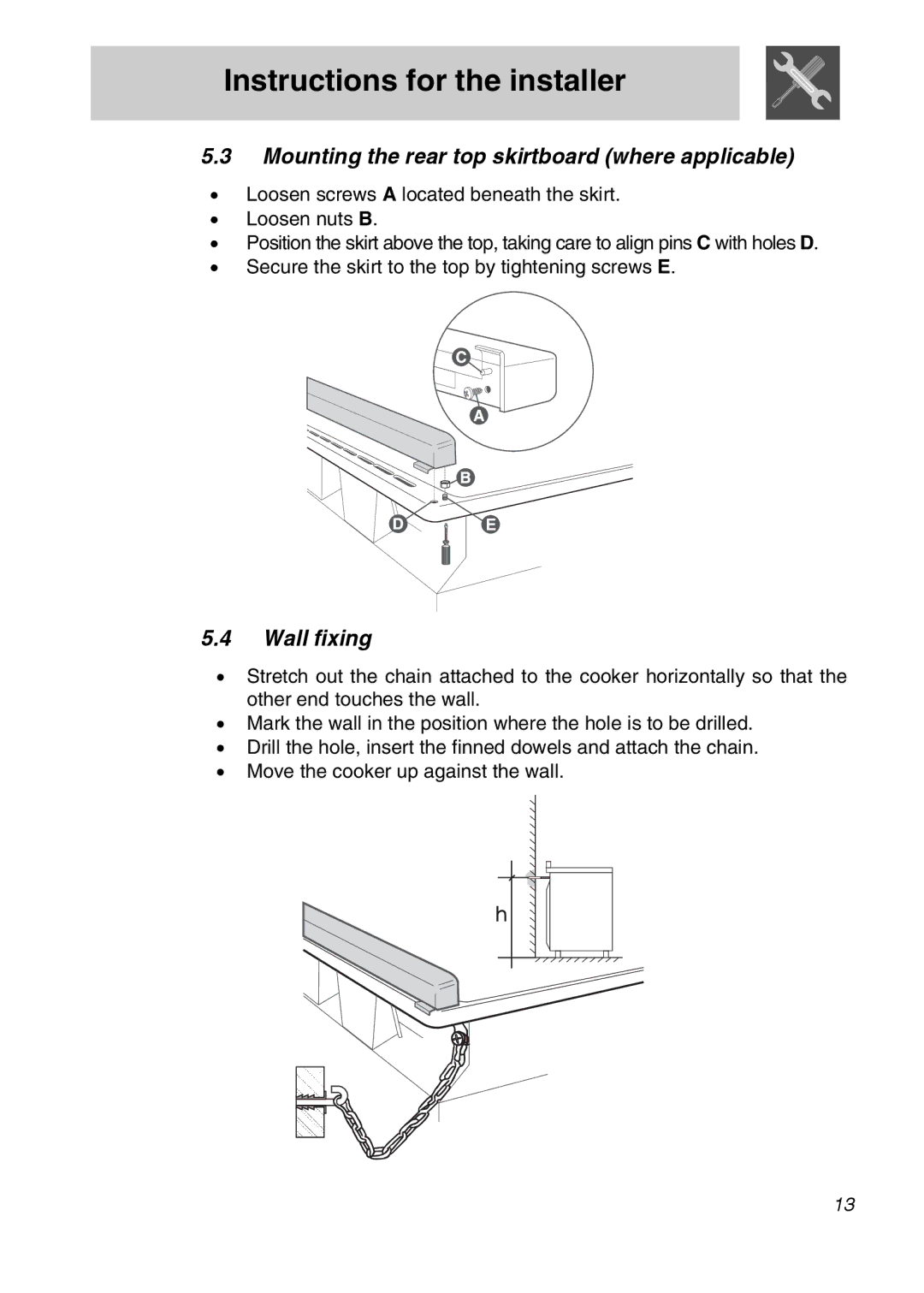 Smeg SA9065LPG, SA9065XNG, SA9065XS, SA9066AS manual Mounting the rear top skirtboard where applicable, Wall fixing 