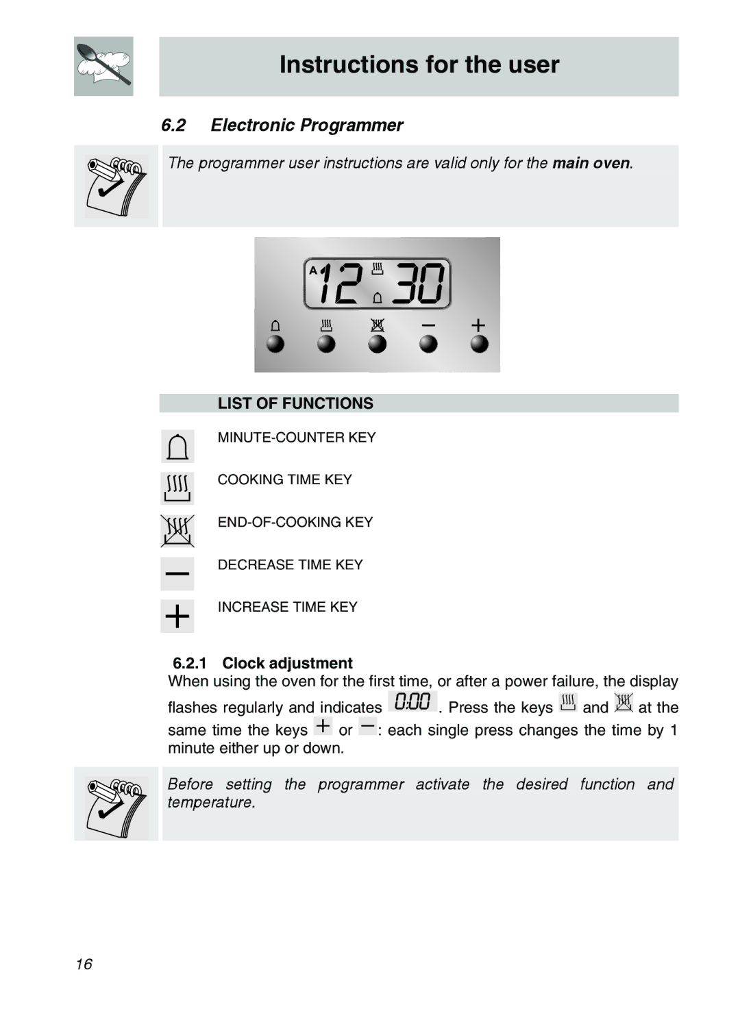 Smeg SA9065XNG, SA9065LPG, SA9065XS, SA9066AS manual Electronic Programmer, List of Functions, Clock adjustment 