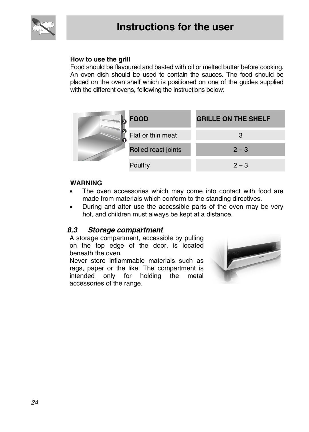 Smeg SA9066AS, SA9065LPG, SA9065XNG, SA9065XS manual Storage compartment, How to use the grill, Food Grille on the Shelf 