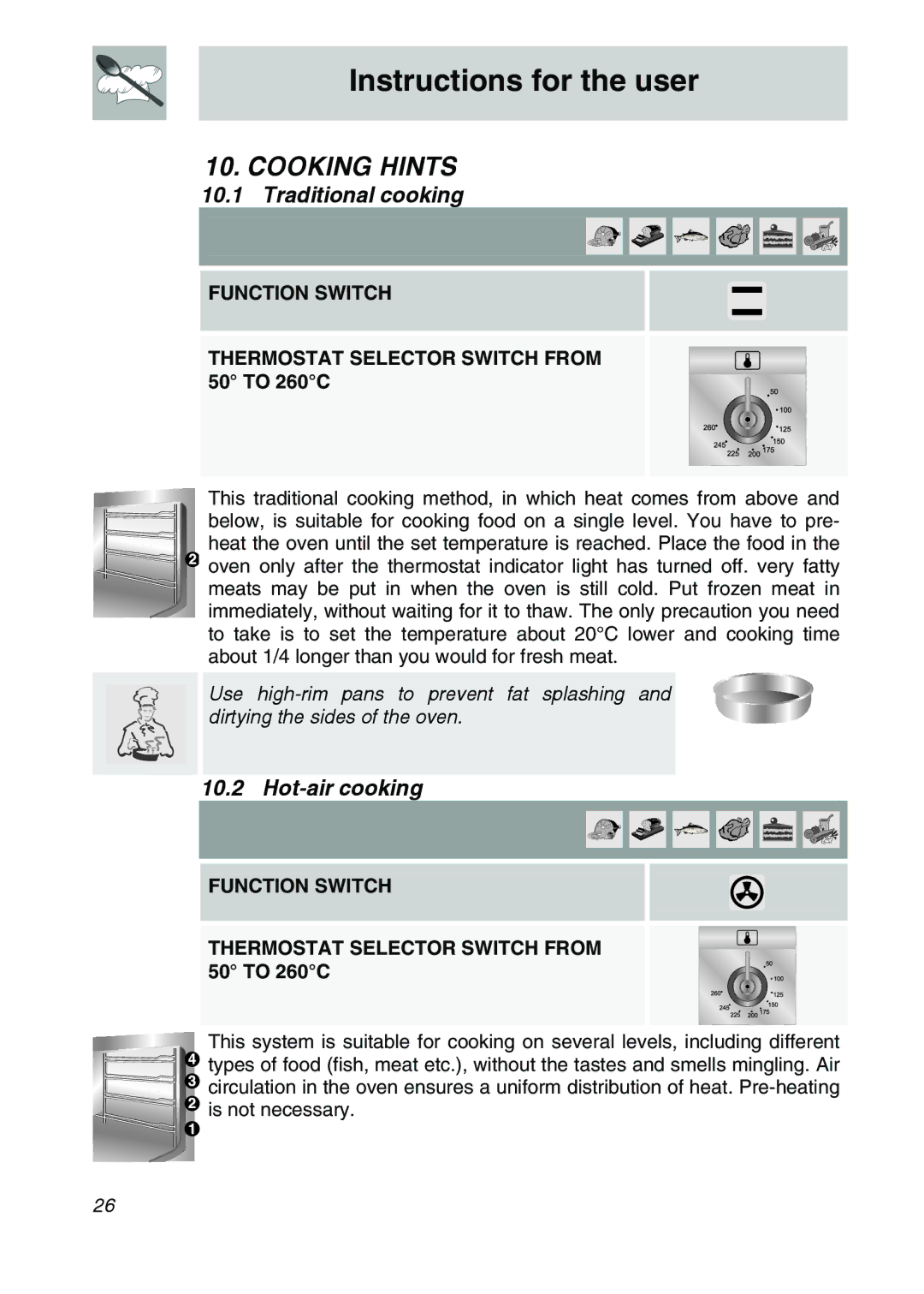 Smeg SA9065LPG, SA9065XNG, SA9065XS, SA9066AS manual Cooking Hints, Traditional cooking, Hot-air cooking 