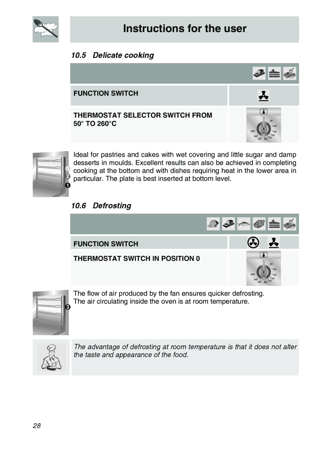 Smeg SA9065XNG, SA9065LPG, SA9066, SA9065XS manual Delicate cooking, Defrosting, Function Switch Thermostat Switch in Position 