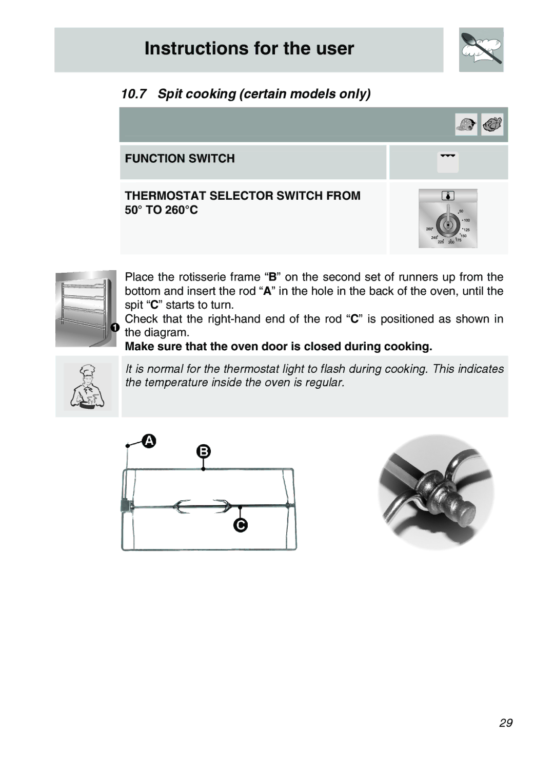 Smeg SA9065XS, SA9065LPG, SA9065XNG, SA9066AS manual Spit cooking certain models only 