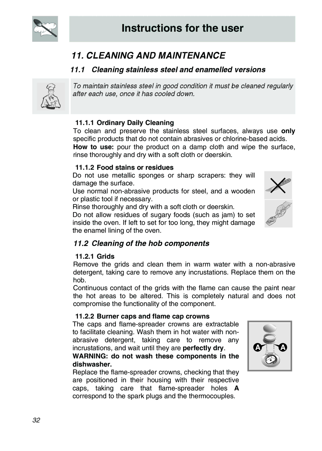 Smeg SA9065LPG Cleaning and Maintenance, Cleaning stainless steel and enamelled versions, Cleaning of the hob components 