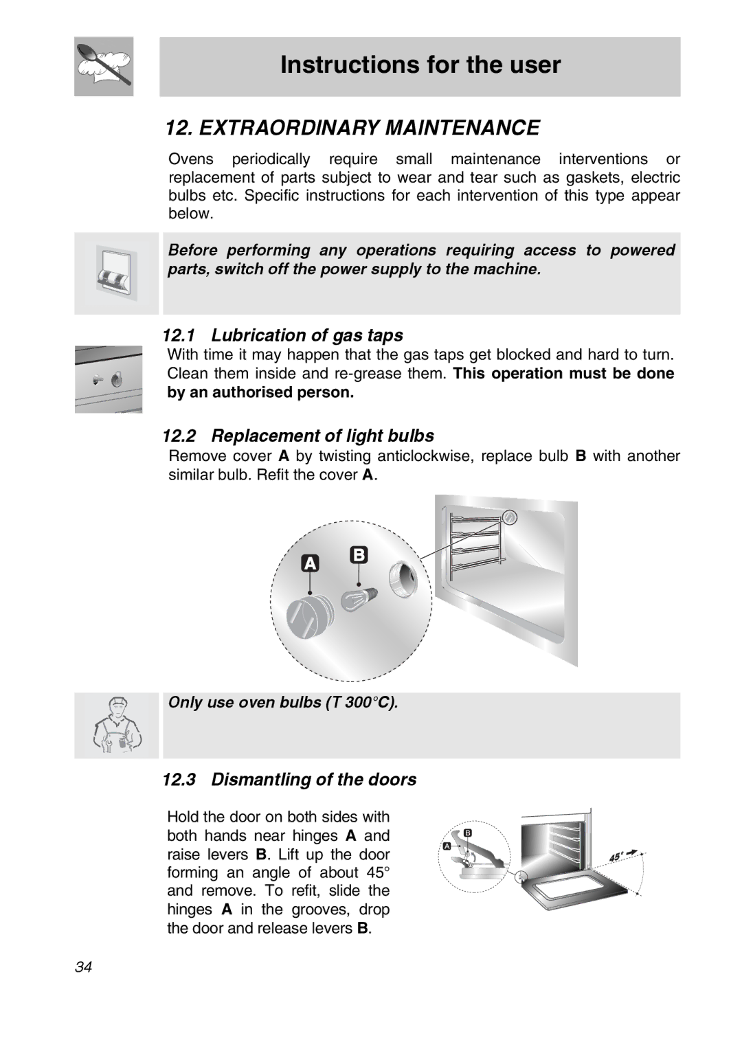 Smeg SA9065XNG Extraordinary Maintenance, Lubrication of gas taps, Replacement of light bulbs, Dismantling of the doors 