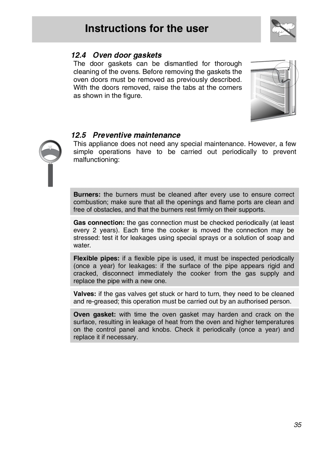 Smeg SA9065XS, SA9065LPG, SA9065XNG, SA9066AS manual Oven door gaskets, Preventive maintenance 