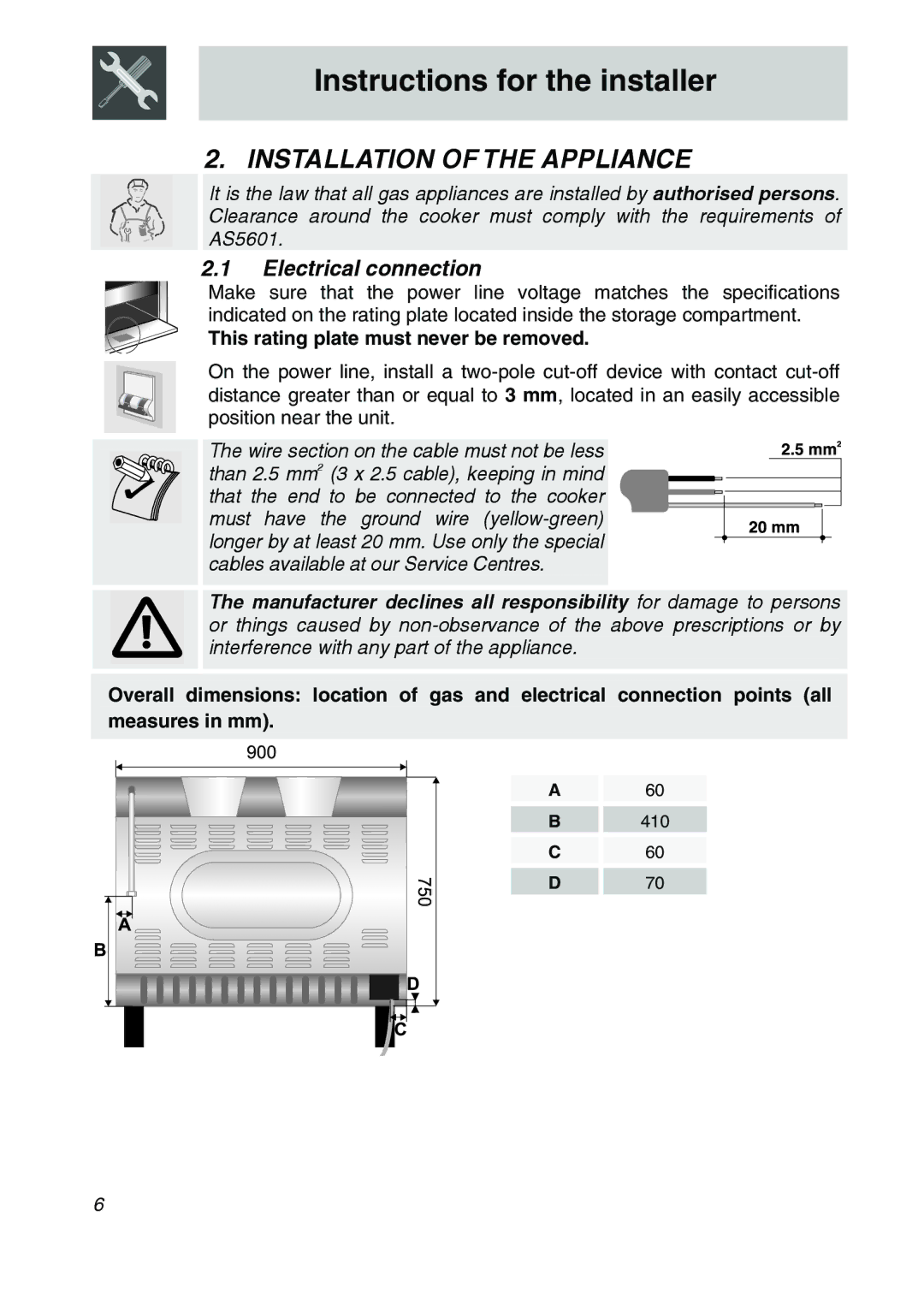 Smeg SA9066AS, SA9065LPG Installation of the Appliance, Electrical connection, This rating plate must never be removed 