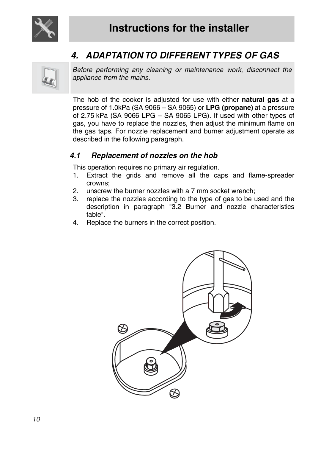 Smeg SA9065XNG, SA9065LPG, SA9065XS, SA9066AS Adaptation to Different Types of GAS, Replacement of nozzles on the hob 