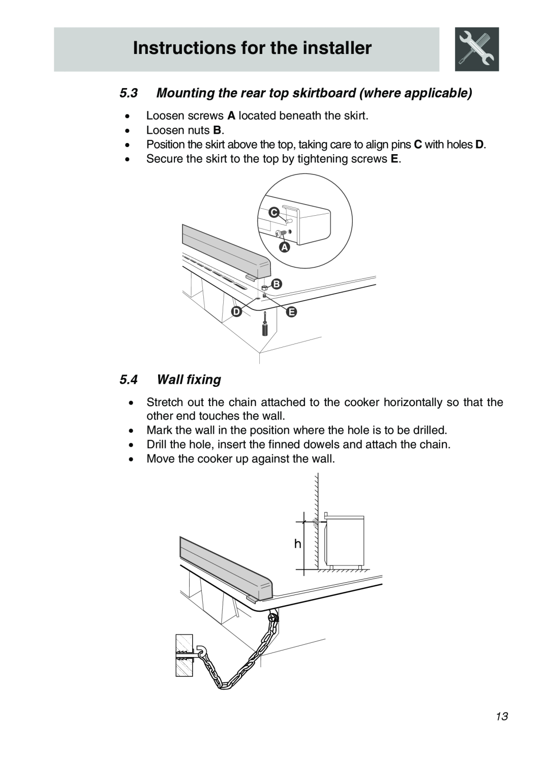 Smeg SA9065LPG, SA9066 Mounting the rear top skirtboard where applicable, Wall fixing, Instructions for the installer 
