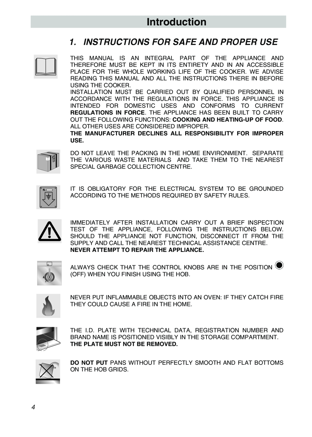Smeg SA9065XNG, SA9065LPG, SA9066 Introduction, Instructions For Safe And Proper Use, Never Attempt To Repair The Appliance 