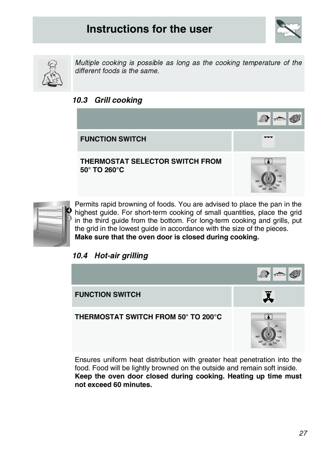 Smeg SA9066 Grill cooking, Hot-air grilling, Instructions for the user, FUNCTION SWITCH THERMOSTAT SWITCH FROM 50 TO 200C 