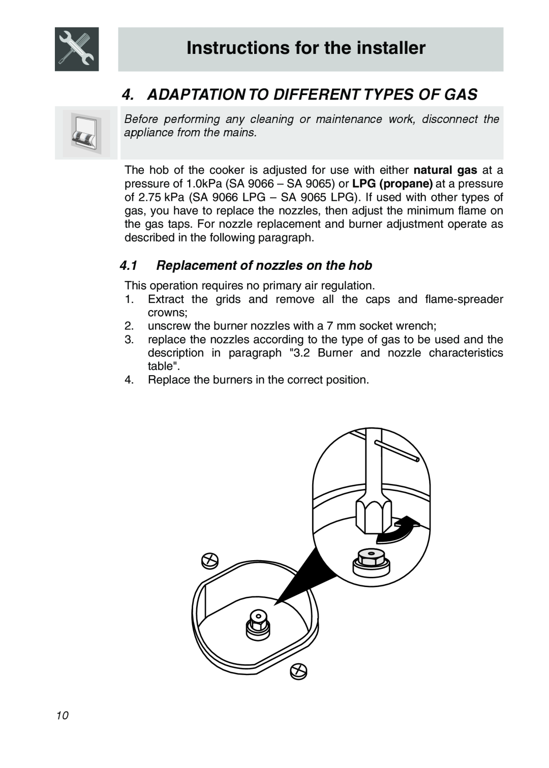 Smeg SA9065XNG Adaptation To Different Types Of Gas, Replacement of nozzles on the hob, Instructions for the installer 
