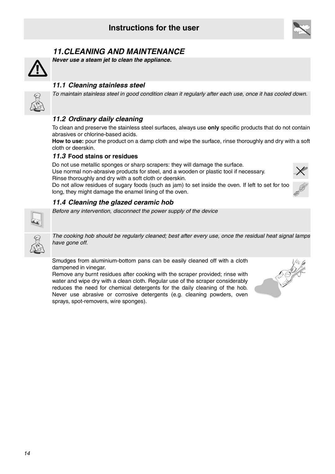 Smeg SA9066CER manual Cleaning and Maintenance, Cleaning stainless steel, Ordinary daily cleaning 