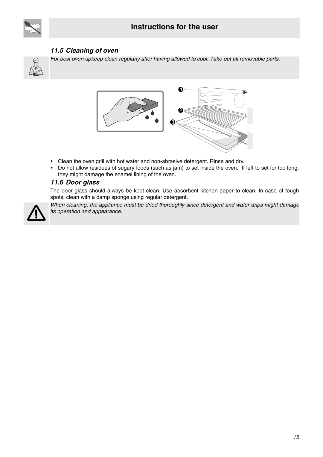 Smeg SA9066CER manual Cleaning of oven, Door glass 