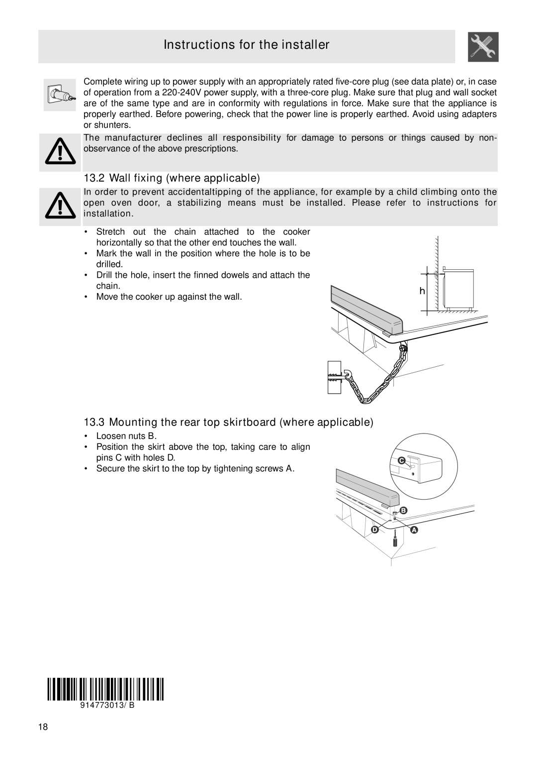 Smeg SA9066CER manual Wall fixing where applicable, Mounting the rear top skirtboard where applicable 