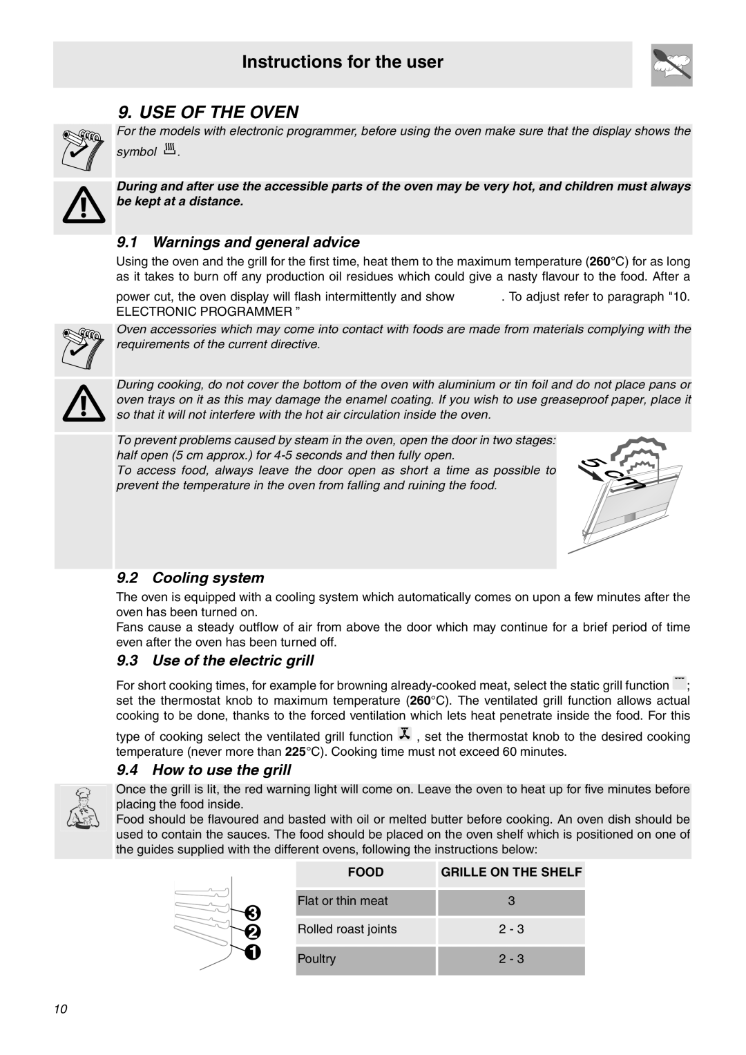 Smeg SA9066CER USE of the Oven, Cooling system, Use of the electric grill, How to use the grill, Food Grille on the Shelf 