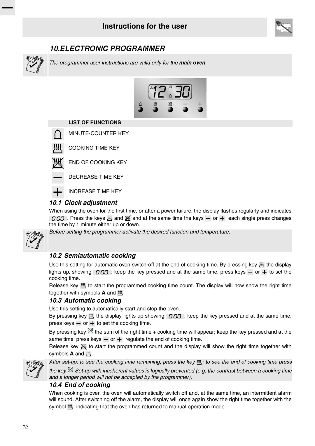 Smeg SA92MFX5 manual Electronic Programmer, Clock adjustment, Semiautomatic cooking, Automatic cooking, End of cooking 