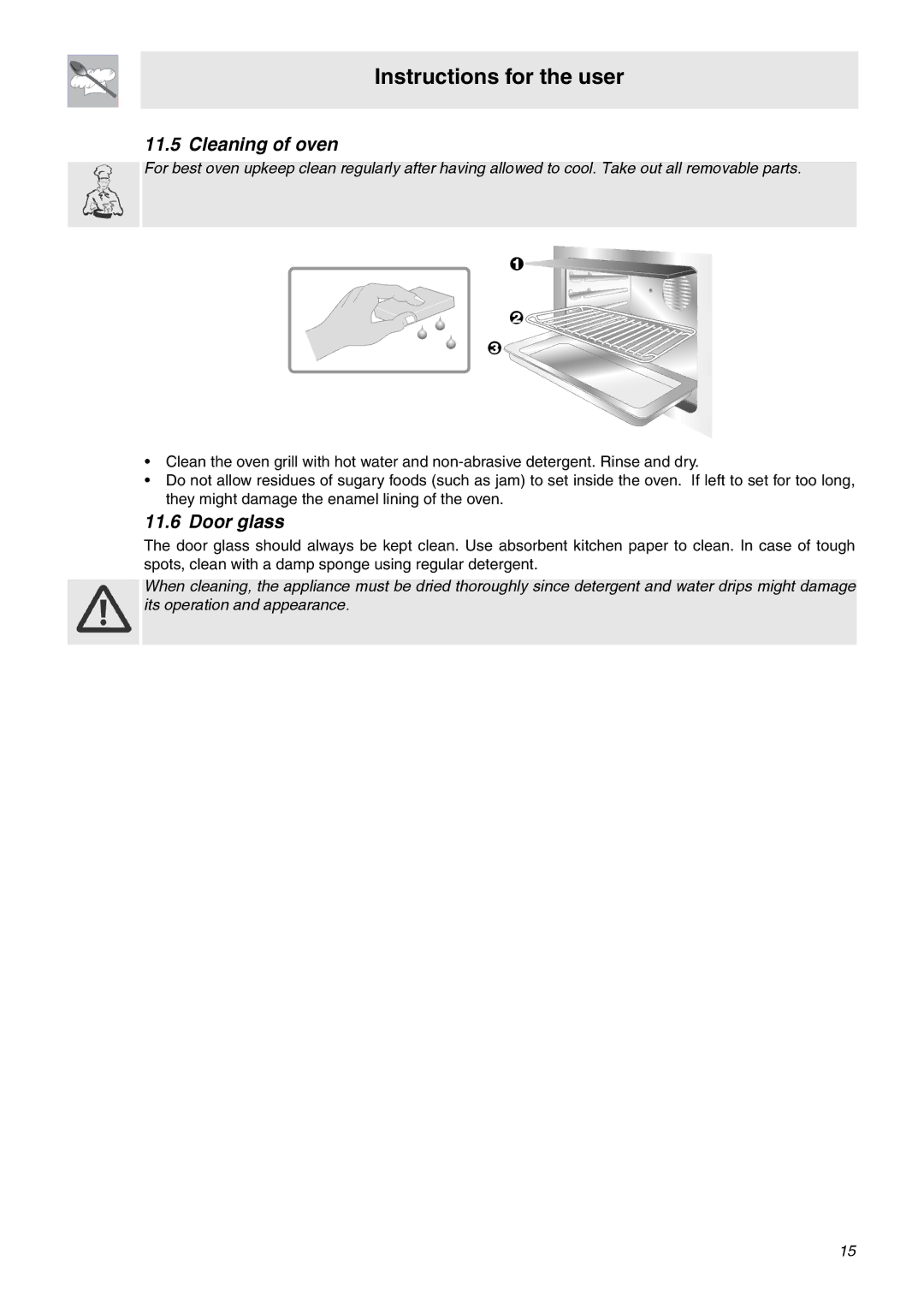 Smeg SA92MFX5 manual Cleaning of oven, Door glass 