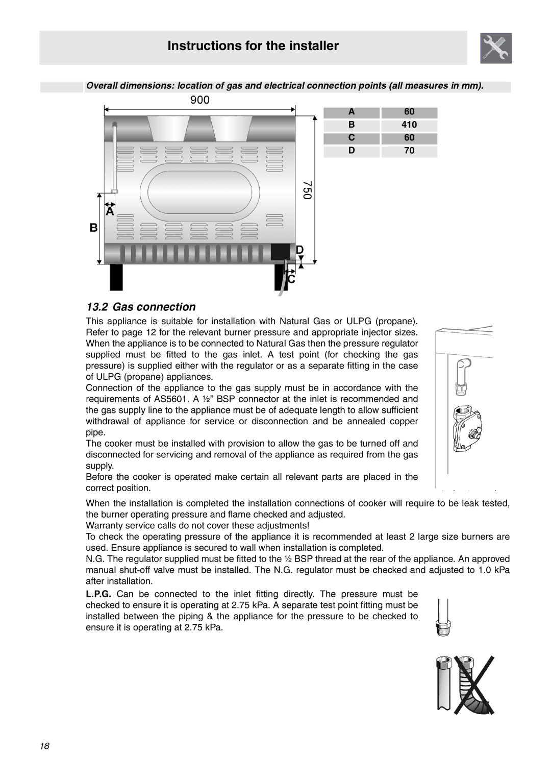 Smeg SA92MFX5 manual Gas connection 