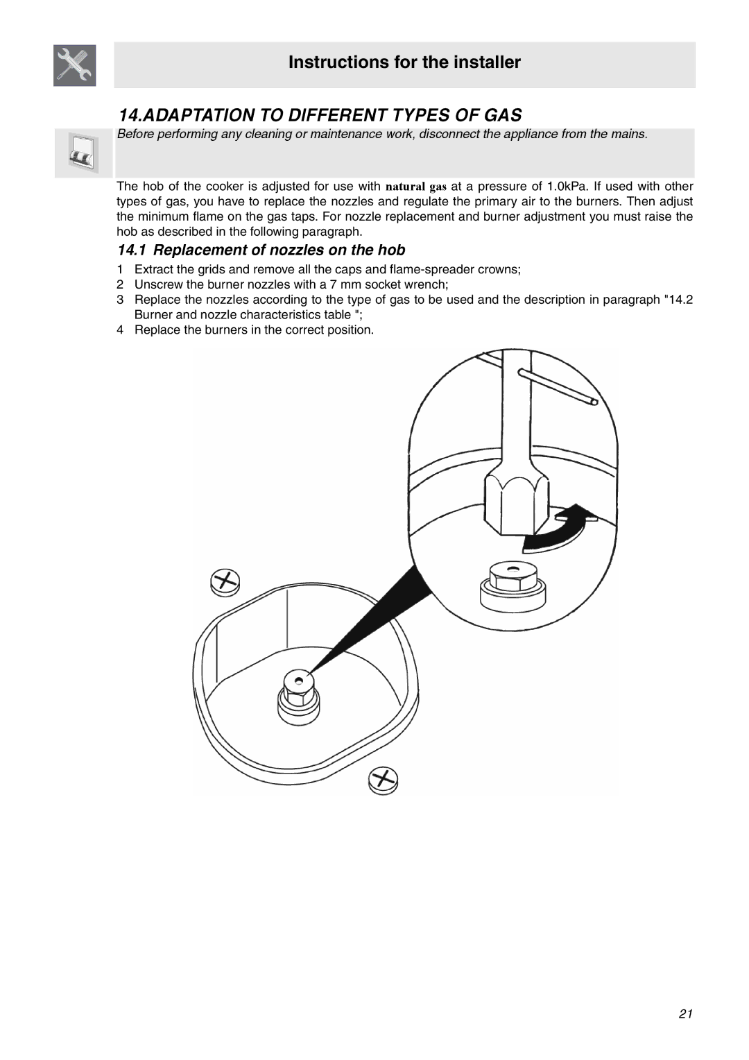 Smeg SA92MFX5 manual Adaptation to Different Types of GAS, Replacement of nozzles on the hob 